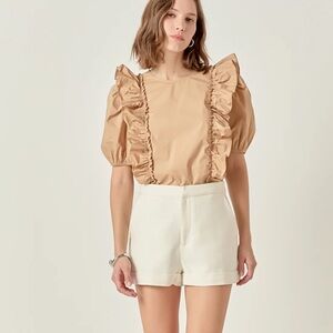 NWT English Factory Top Double Ruffle Poplin Puff Sleeve Tan New Blouse